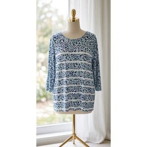 New Lands End 100% Supima Cotton Knit Sweater Popover Size 2X White Blue Floral
